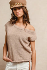 BiBi One Side Off Shoulder Knit Top LATTE / S