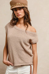 BiBi One Side Off Shoulder Knit Top LATTE / S