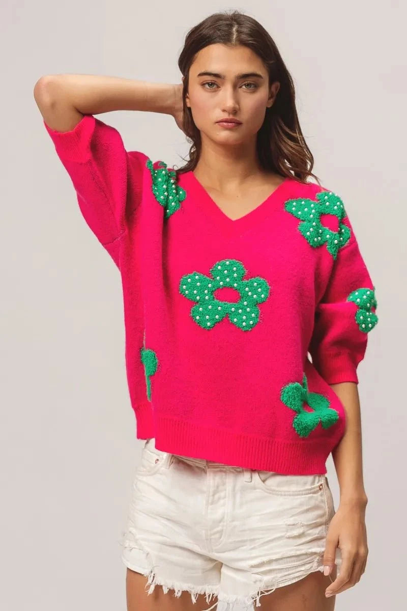 BiBi Pearl Beads Flowers Sweater Top