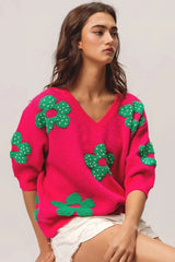 BiBi Pearl Beads Flowers Sweater Top