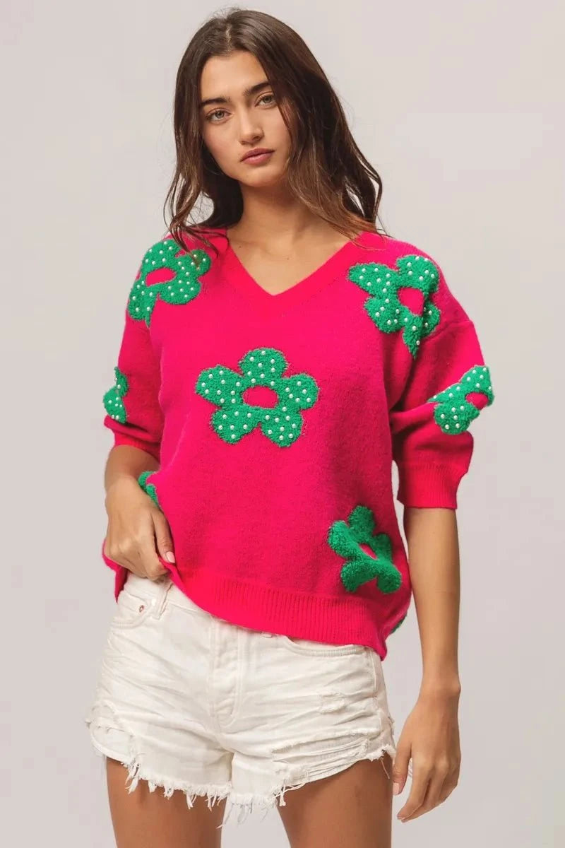 BiBi Pearl Beads Flowers Sweater Top
