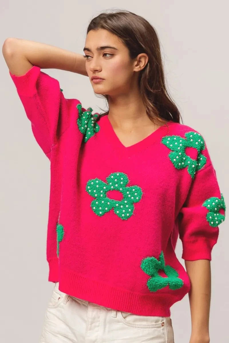 BiBi Pearl Beads Flowers Sweater Top