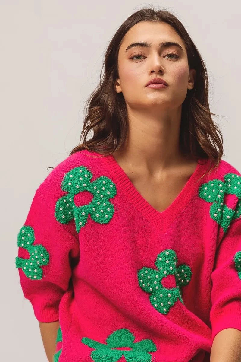 BiBi Pearl Beads Flowers Sweater Top