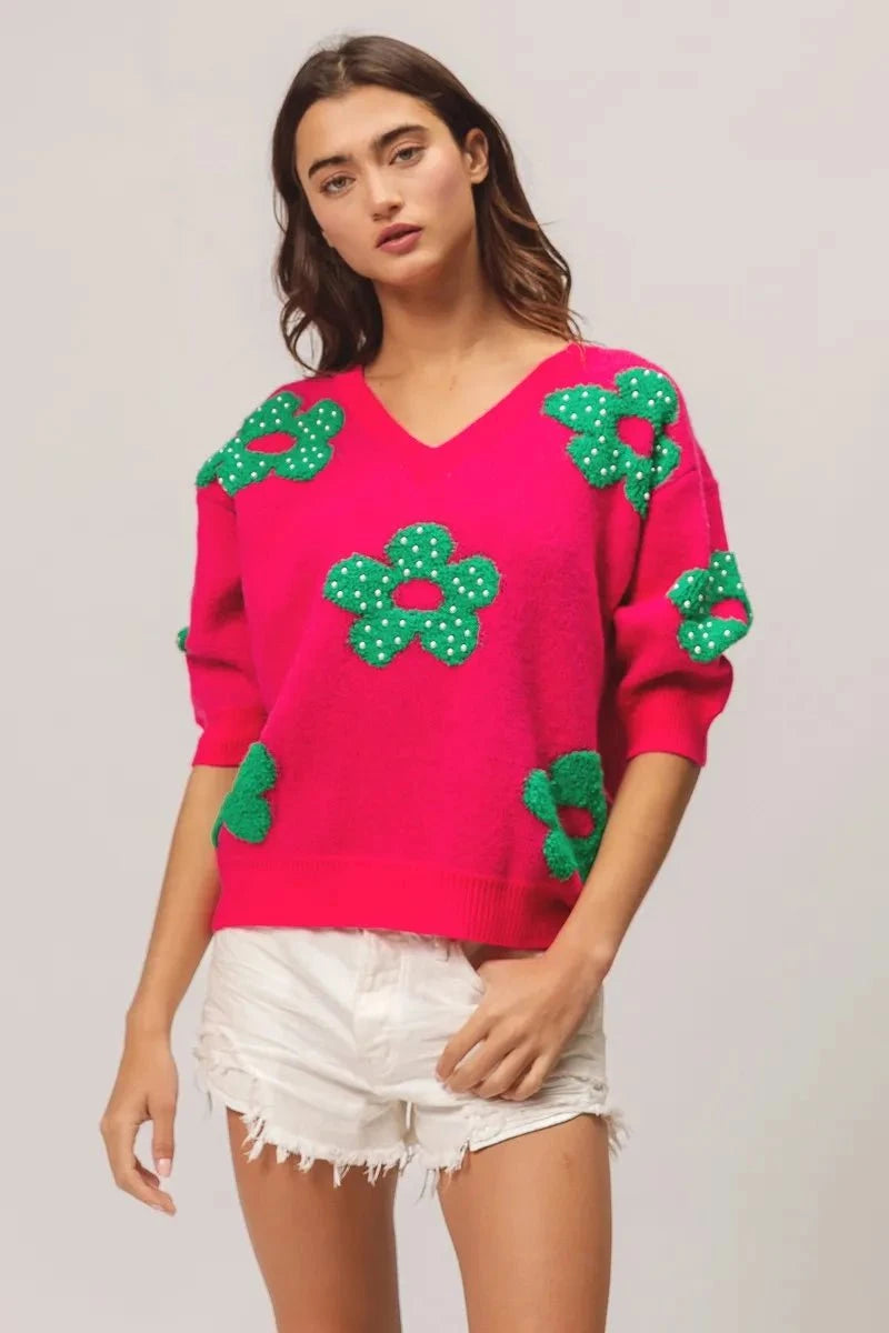 BiBi Pearl Beads Flowers Sweater Top