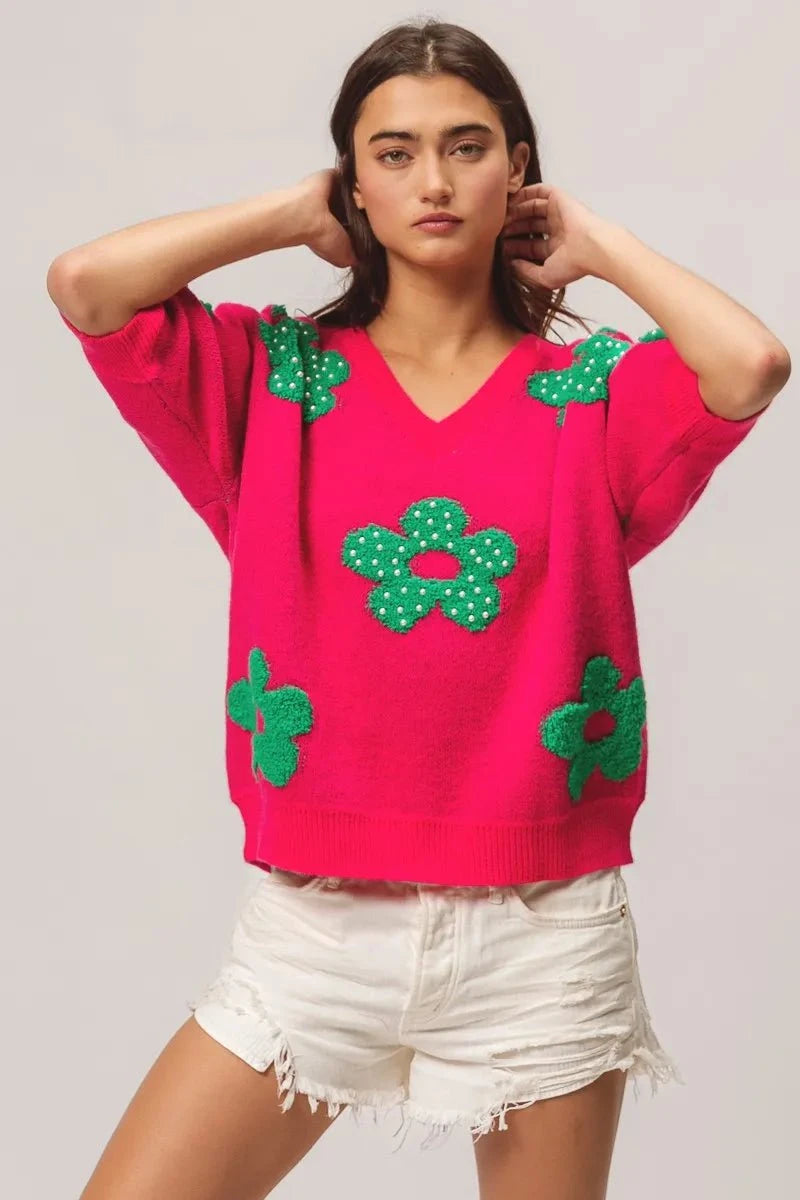 BiBi Pearl Beads Flowers Sweater Top