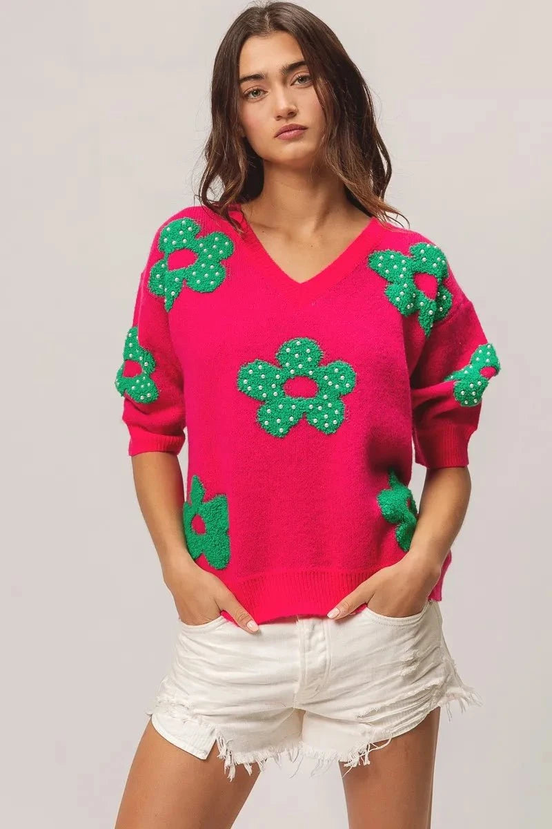 BiBi Pearl Beads Flowers Sweater Top
