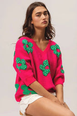 BiBi Pearl Beads Flowers Sweater Top FUCHSIA/JADE / S