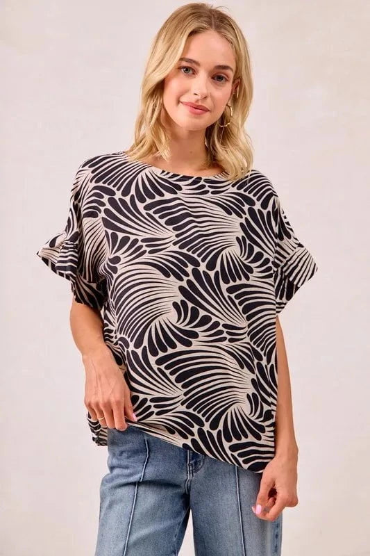 BiBi Print Woven Ruffled Sleeves Top