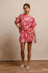 BiBi Print Woven Ruffled Sleeves Top