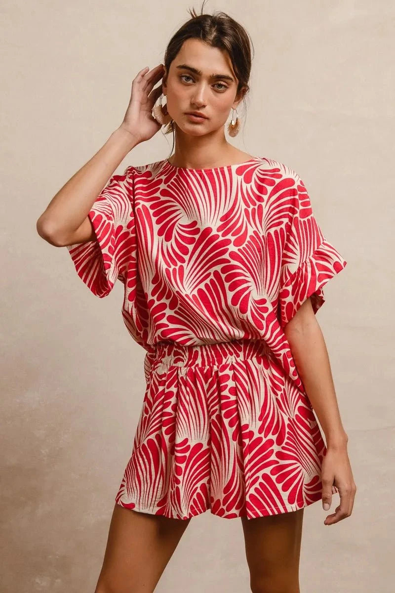 BiBi Print Woven Ruffled Sleeves Top