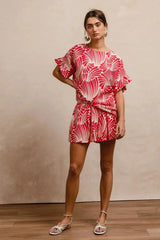 BiBi Print Woven Ruffled Sleeves Top