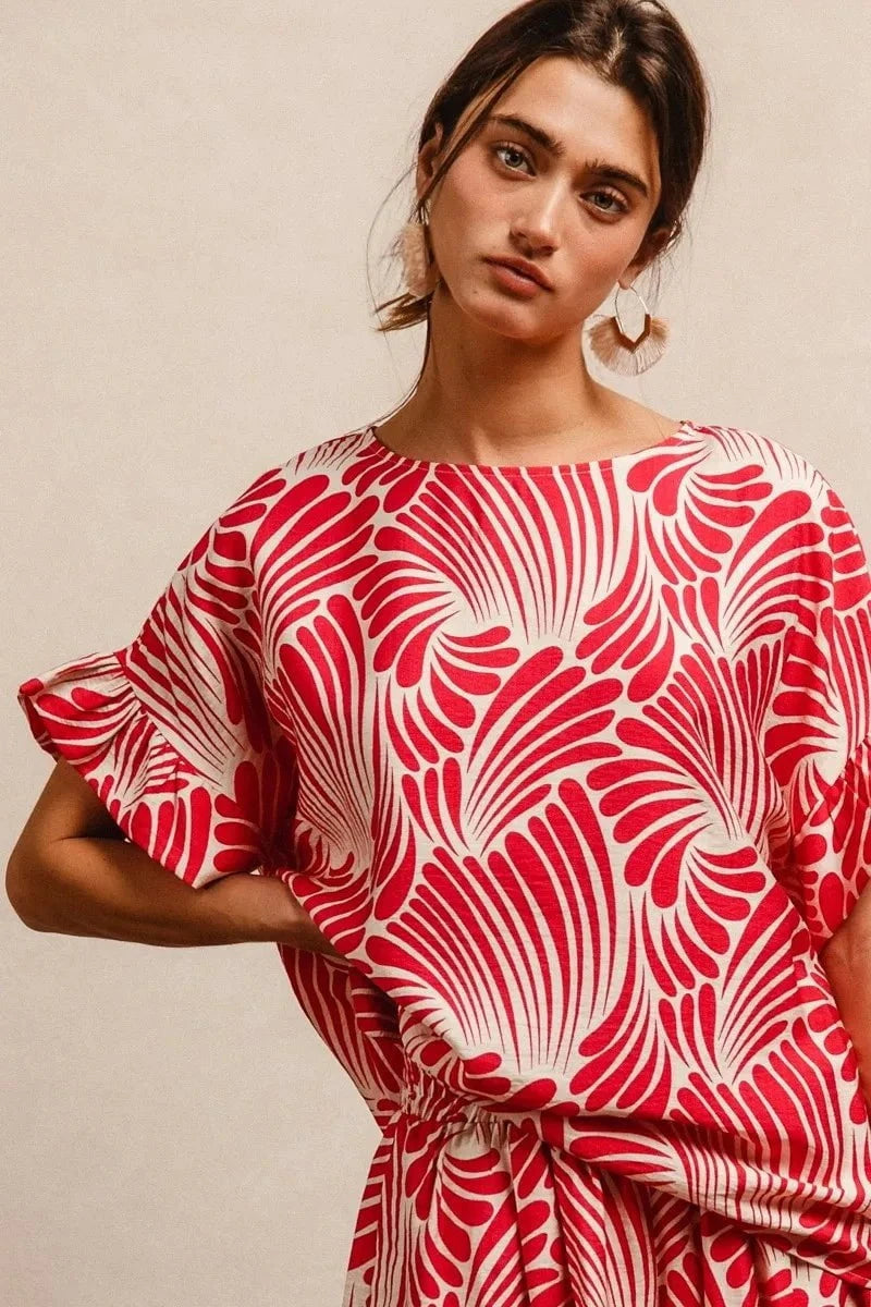 BiBi Print Woven Ruffled Sleeves Top
