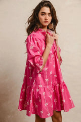 BiBi Ribbon Patterns With Scallops Edge Details Short Sleeve Dress