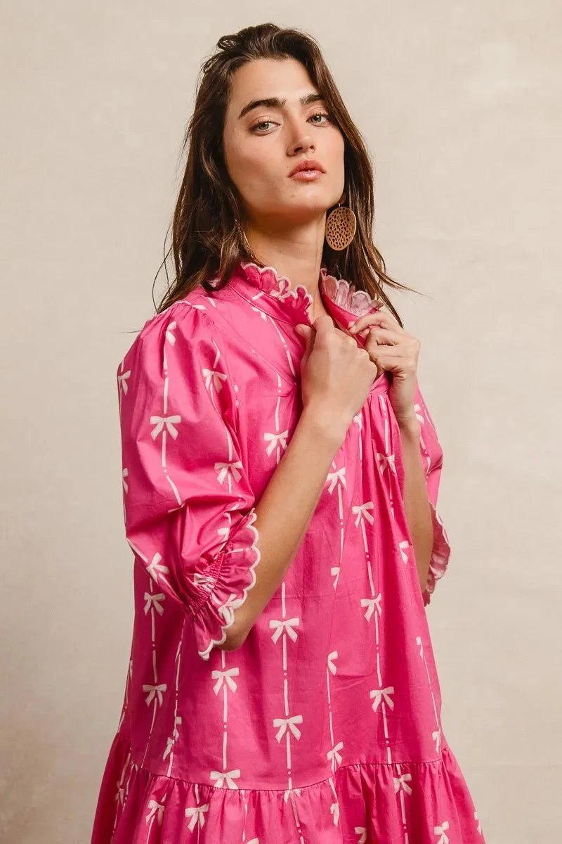 BiBi Ribbon Patterns With Scallops Edge Details Short Sleeve Dress