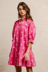BiBi Ribbon Patterns With Scallops Edge Details Short Sleeve Dress FUCHSIA / S
