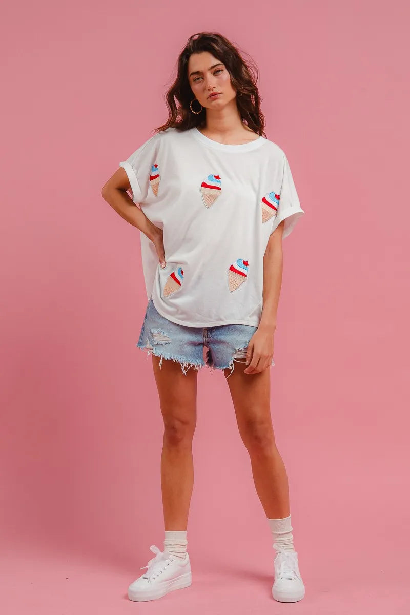 BiBi Solid Terry With Fourth Of July Theme Patched Top