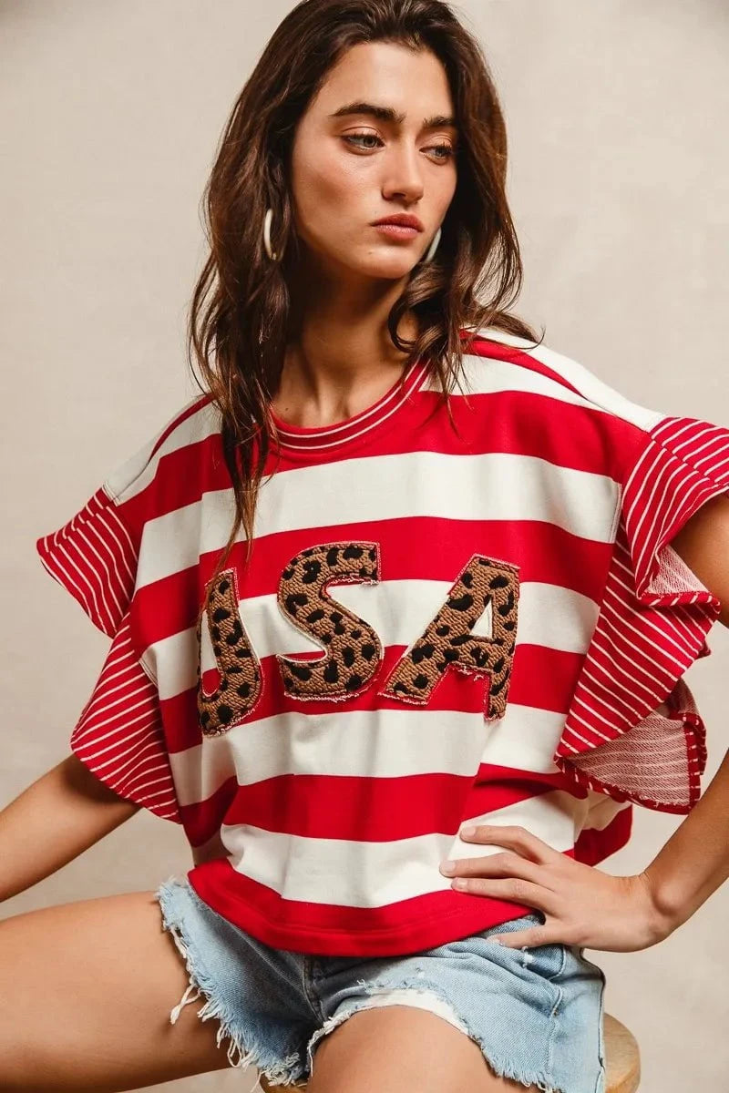 BiBi Stripe Mixed Ruffle Sleeve Top With Leopard Letter