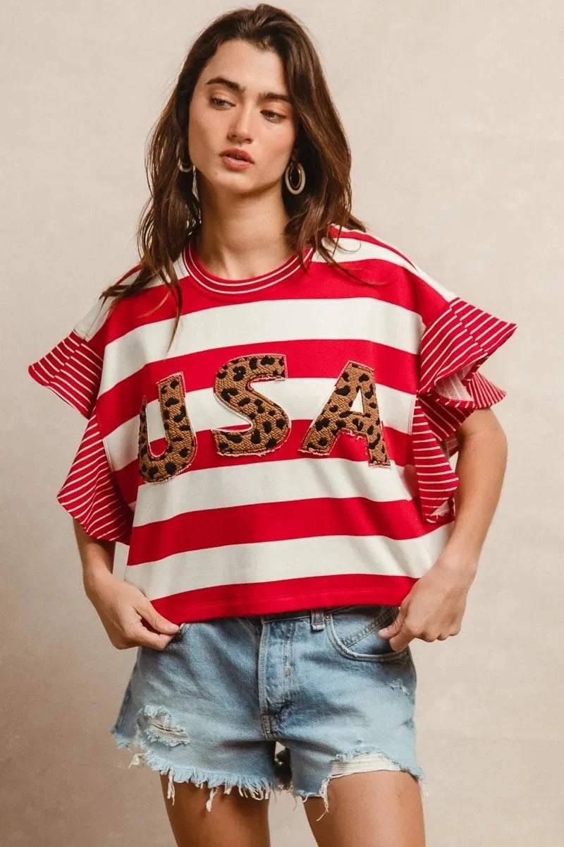BiBi Stripe Mixed Ruffle Sleeve Top With Leopard Letter