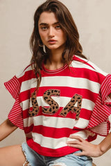 BiBi Stripe Mixed Ruffle Sleeve Top With Leopard Letter