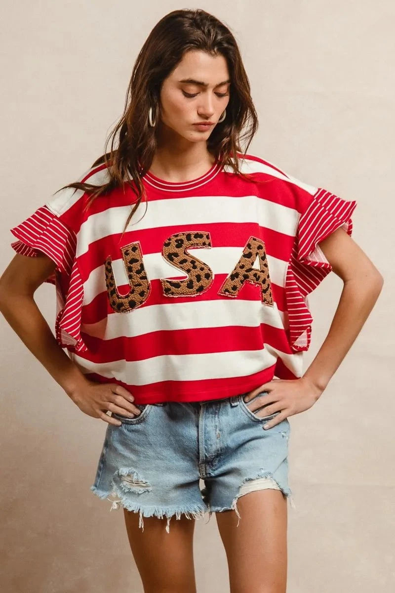 BiBi Stripe Mixed Ruffle Sleeve Top With Leopard Letter