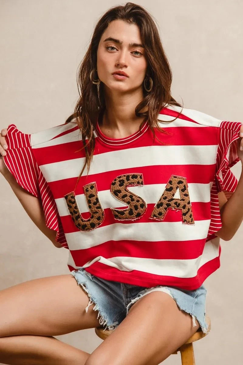 BiBi Stripe Mixed Ruffle Sleeve Top With Leopard Letter