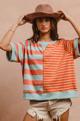 BiBi Striped Round Neck Half Sleeve French Terry Top Coral/Blue / S