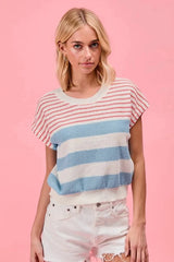 BiBi Stripes Lightweight Short Sleeve Sweater
