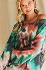 BiBi Tie Dye Print Terry Top with Puff Sleeves