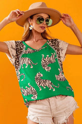 BiBi Tiger Printed Jersey Block T-Shirt with Aztec Trim GREEN / S