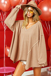 BiBi V-Neck Waffle Uneven Hem Top CAMEL / S