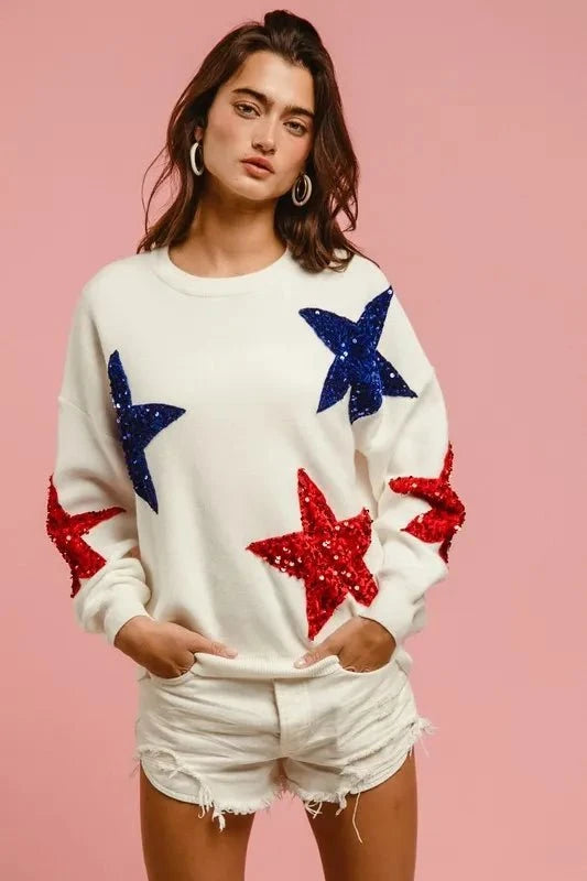 BiBi Velvet Sequin Star Patches Sweater Top