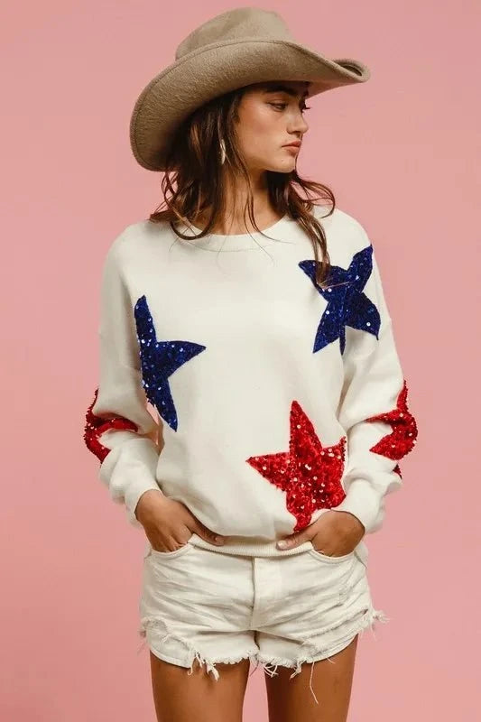 BiBi Velvet Sequin Star Patches Sweater Top