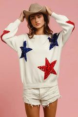 BiBi Velvet Sequin Star Patches Sweater Top IVORY / S