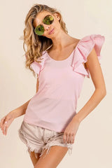 BiBi Wide Layered Ruffle Sleeve Scoop Neck Ribbed Top