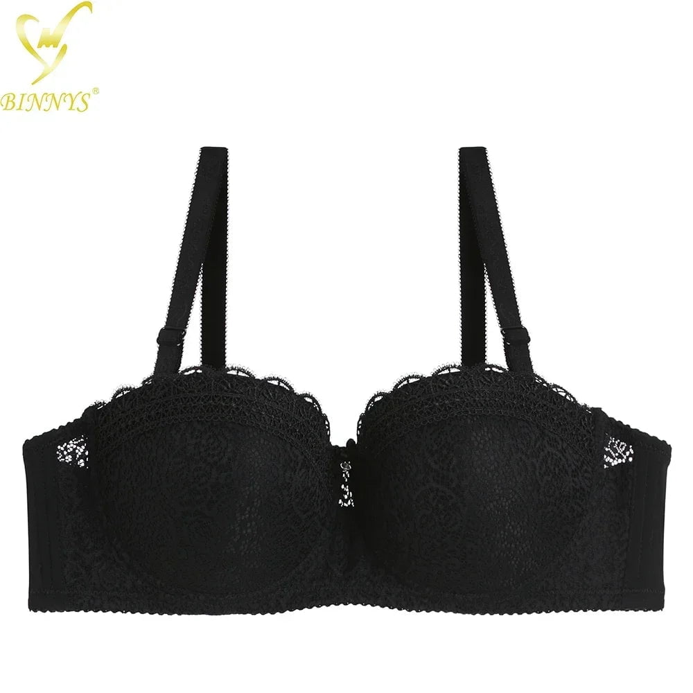 Binnys Women's Bra: Half Cup C Cup, Convertible Straps, Thin Female Lingerie, Lace Strap Back, Three Hook Underwire Ladies Bra black / C / 36