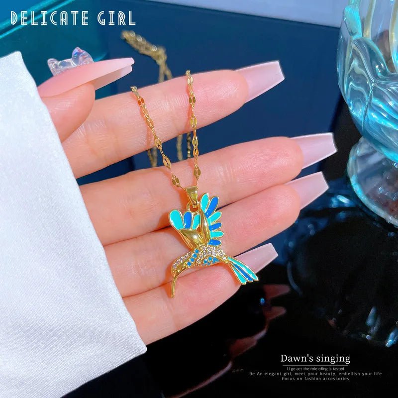 Blue Hummingbird Bird Pendant Necklace N1985