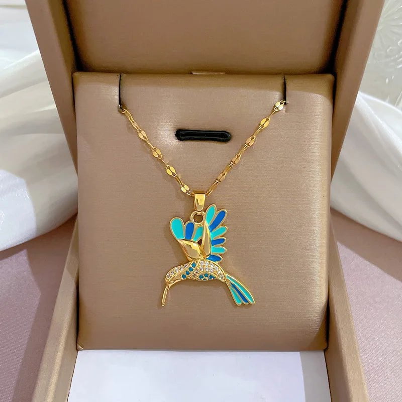Blue Hummingbird Bird Pendant Necklace N1985