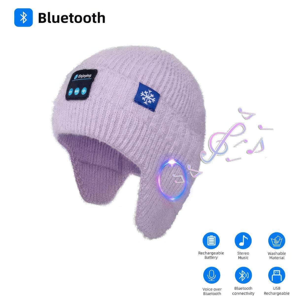 Bluetooth Beanie Hat with Wireless Headphones - Winter Knit Hat for Men and Women, Ear Flaps, Music Speaker, Outdoor Walking Cap in Purple