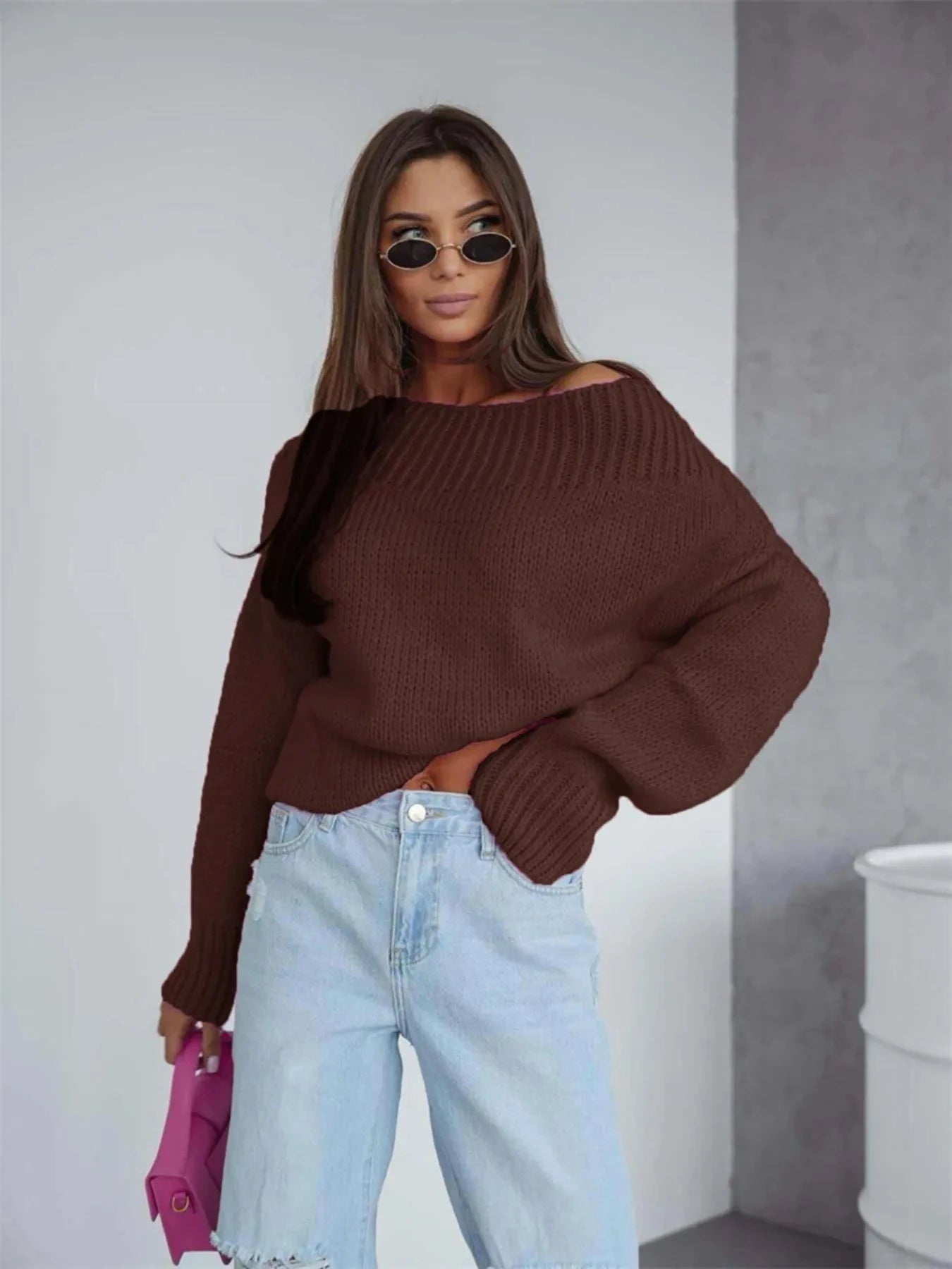 Boat Neck Drop Shoulder Sweater Coffee Brown / S
