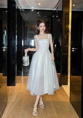 Boat Neck Strappy Aline Mesh Dress S / White