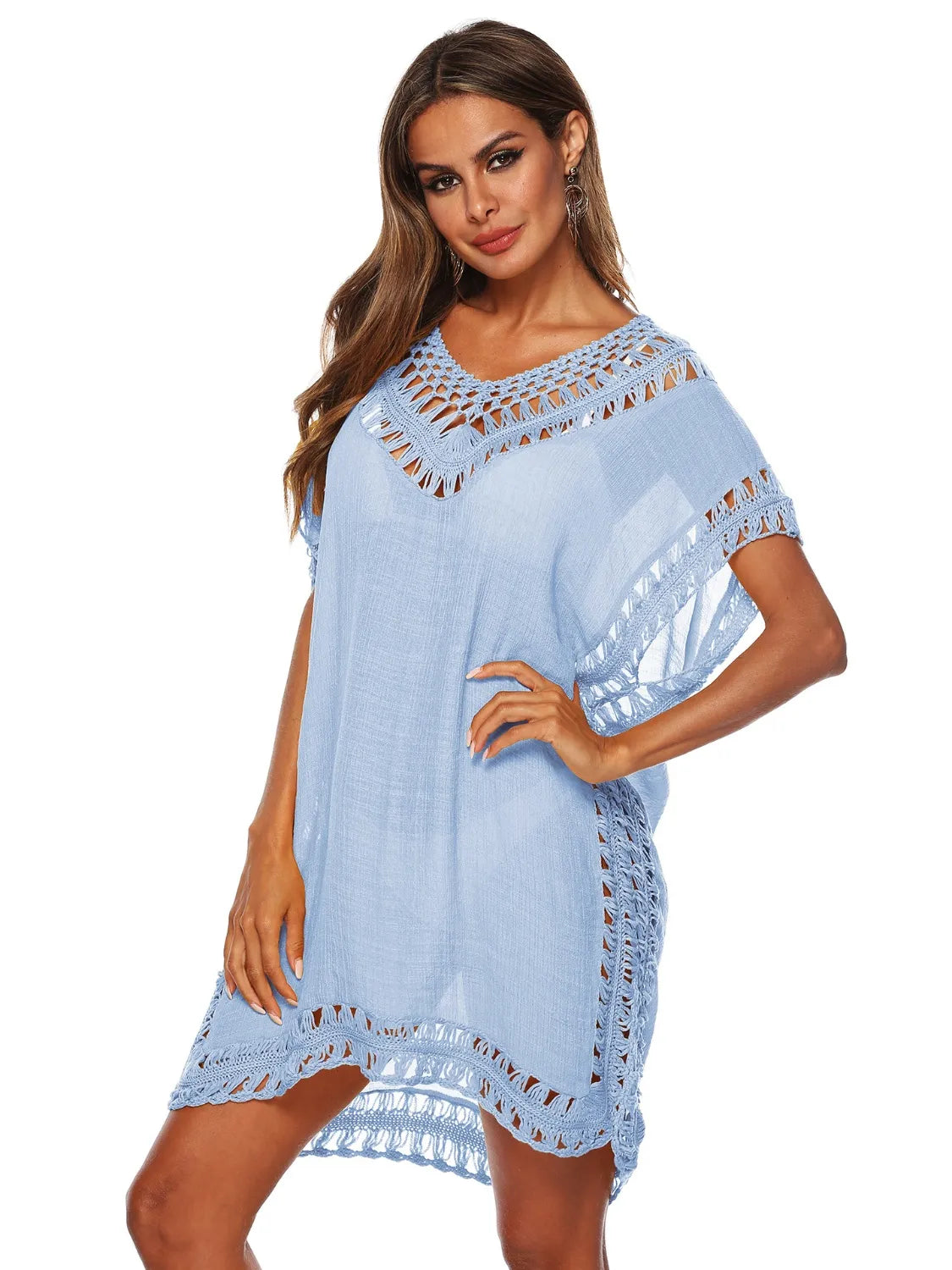 Bohemian Crochet Trim Beach Cover Up Dress Light Blue / One Size