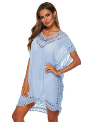 Bohemian Crochet Trim Beach Cover Up Dress Light Blue / One Size