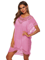 Bohemian Crochet Trim Beach Cover Up Dress Pink / One Size