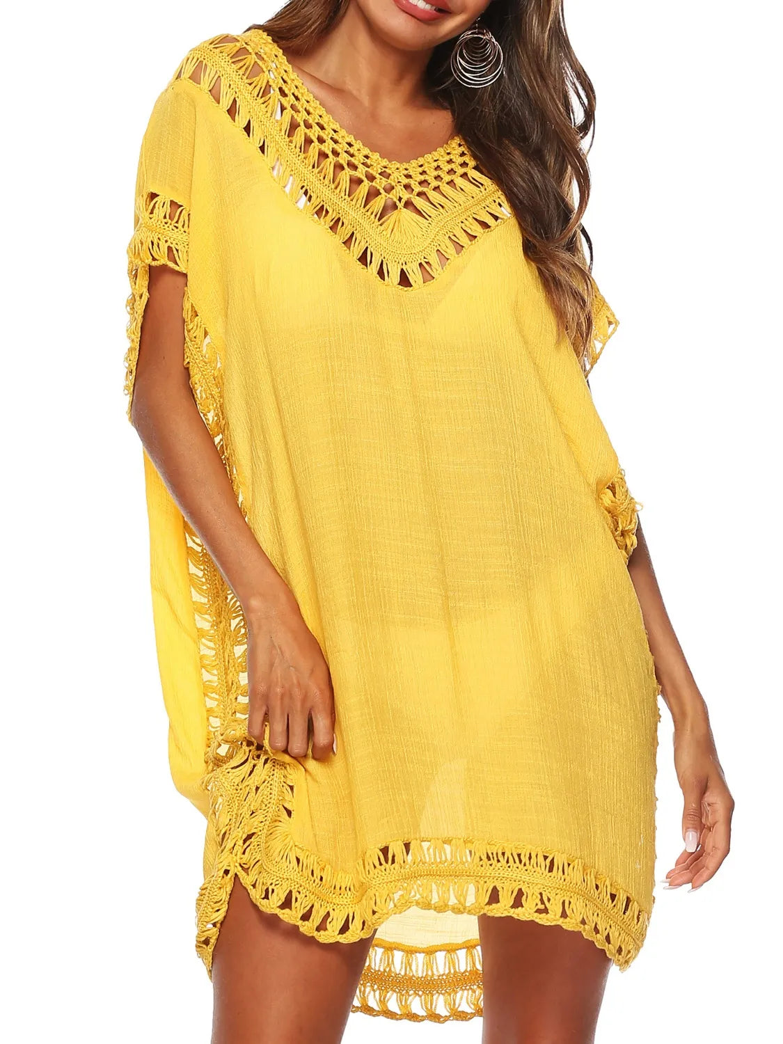 Bohemian Crochet Trim Beach Cover Up Dress Yellow / One Size