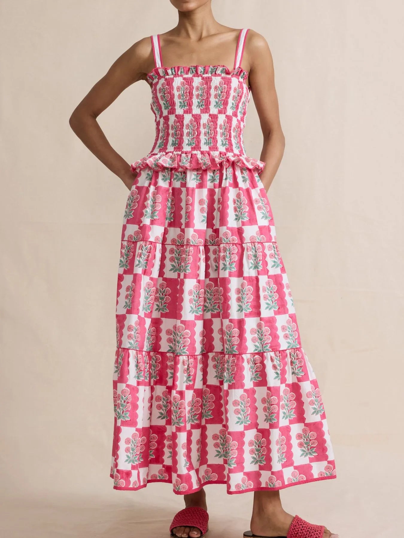 Bohemian Floral Print Smocked Tiered Maxi Dress Burnt Coral / S