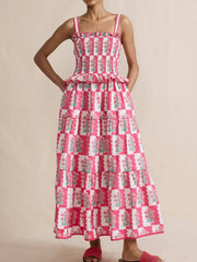 Bohemian Floral Print Smocked Tiered Maxi Dress Burnt Coral / S