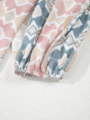 Bohemian Geometric Print Blouse with Tassel Tie