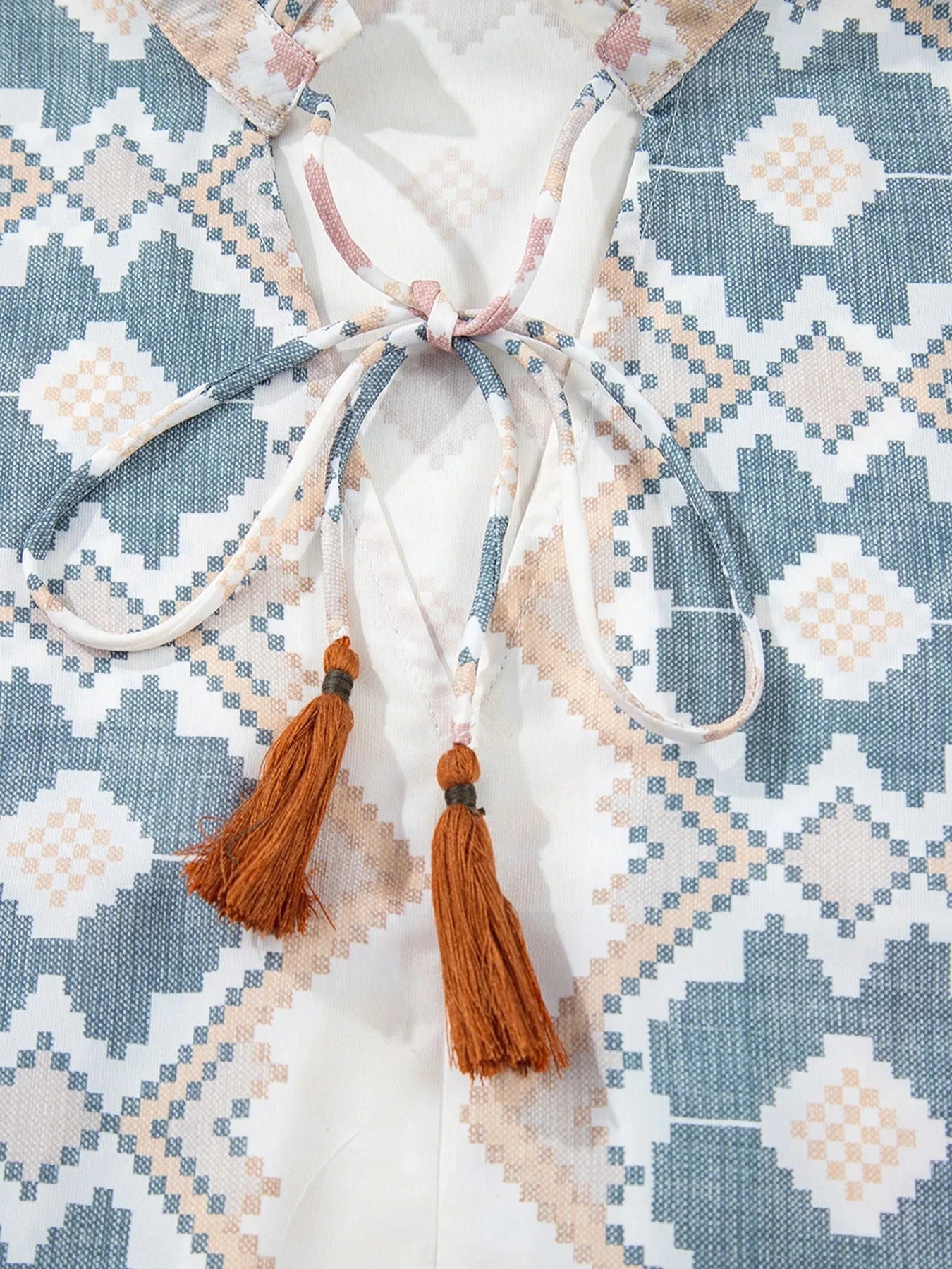 Bohemian Geometric Print Blouse with Tassel Tie