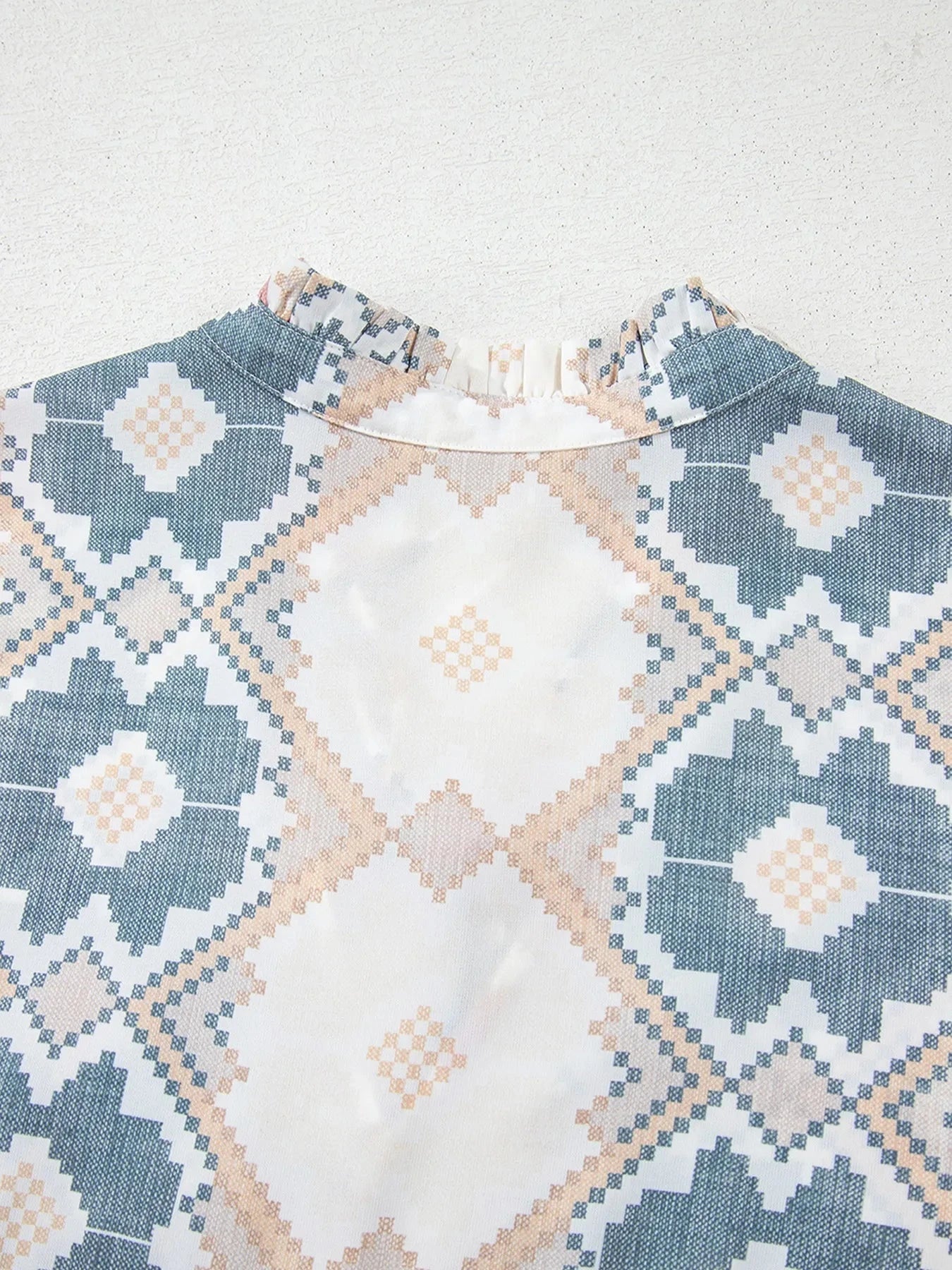 Bohemian Geometric Print Blouse with Tassel Tie