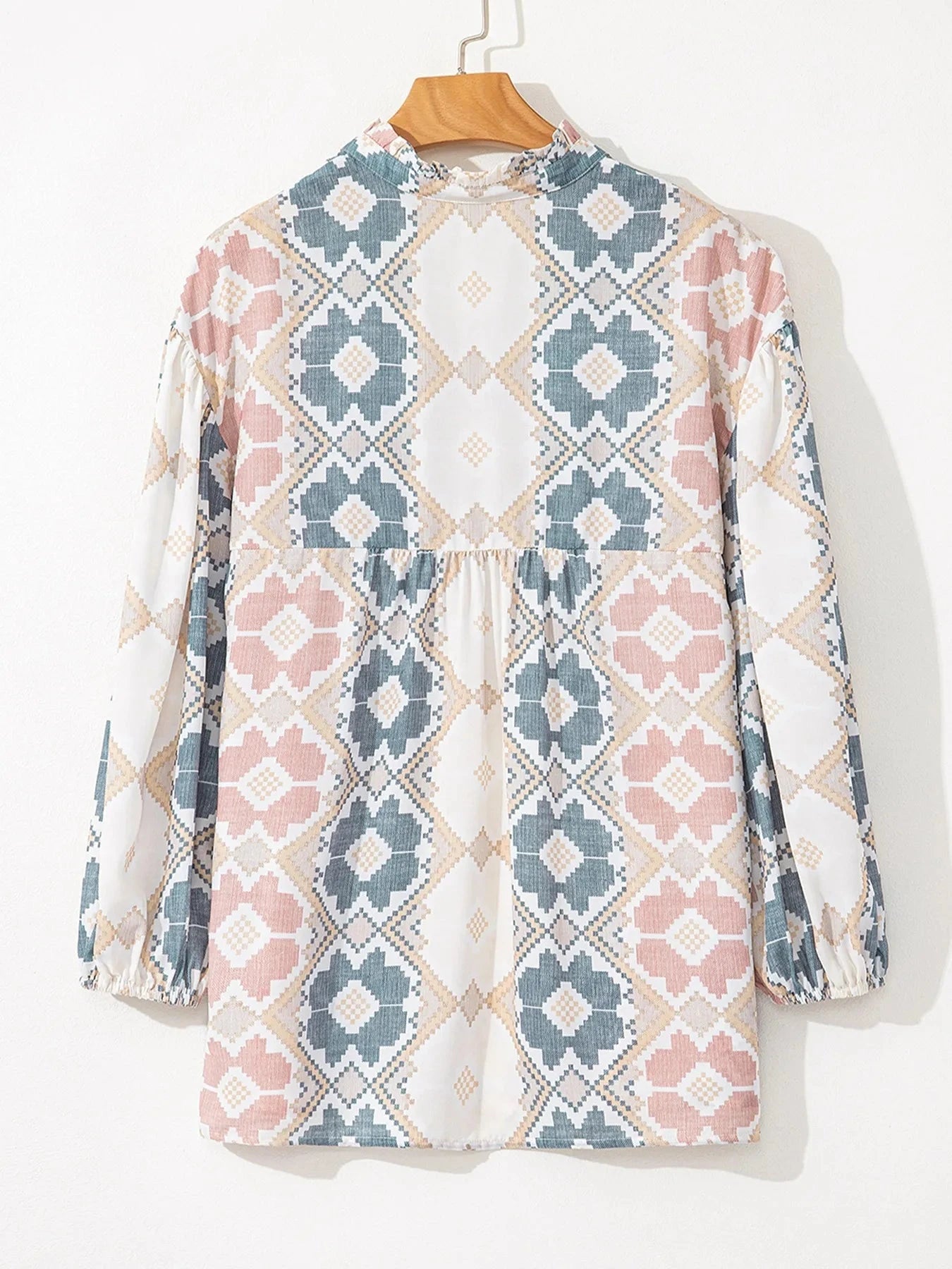 Bohemian Geometric Print Blouse with Tassel Tie
